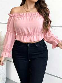 Vionelle Blusa corta con hombros descubiertos, mangas con volantes, ribete de volantes y top peplum talla grande - Rosa coral - Ver 5