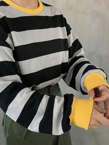 FRIFUL 女款圓領撞色休閒百搭日常長袖T恤 - 灰色 - 查看 5