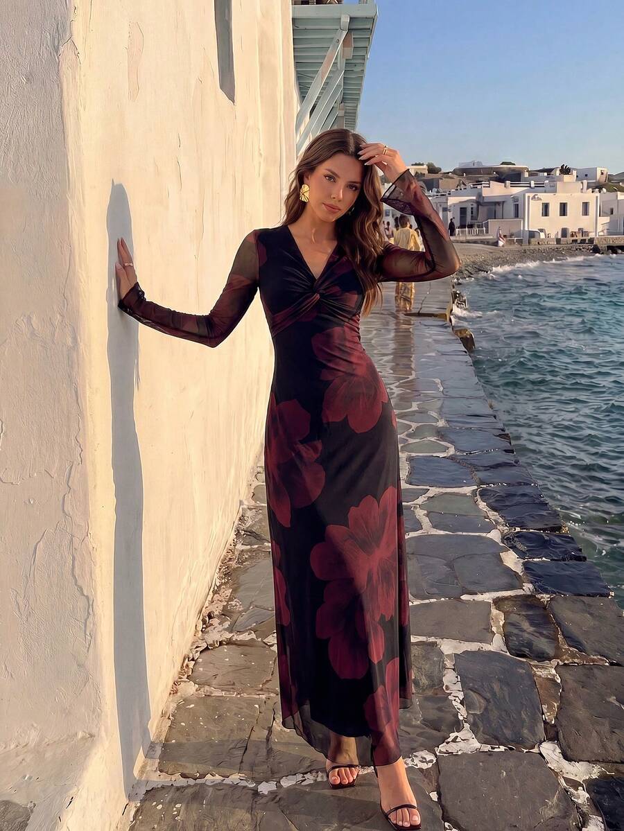 Modelyn Women's V-Neck Floral Print Pleated Elegant Cinched Waist Party Dress Holiday Purple Dresses For Women Maxi Dress فساتين - Purple - View 1