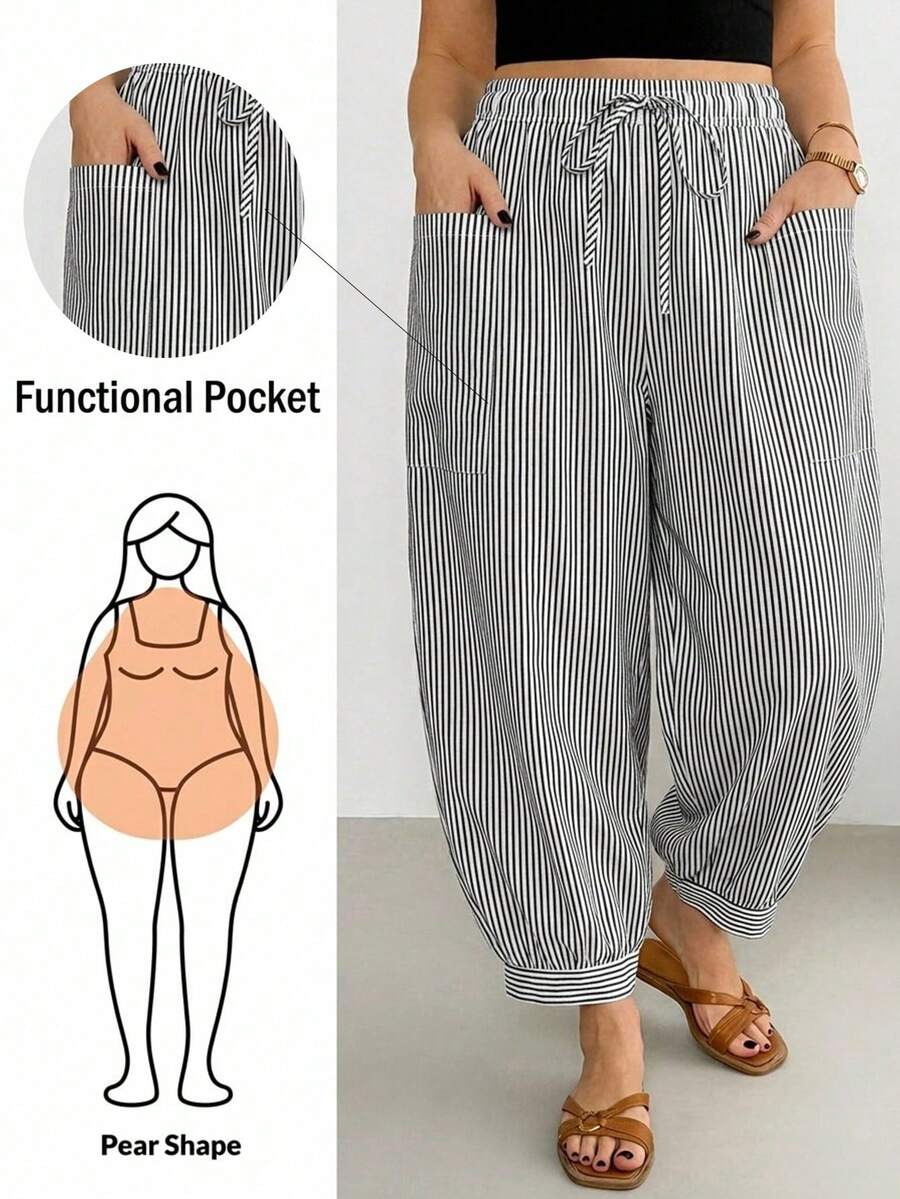 Shapeblank Pantalones largos a rayas con cordones para mujer talla grande - Multicolor - Ver 1