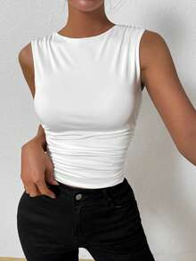 Allurite Women Tank Tops & Camis Ruched Plain Casual - Putih - View 6