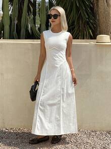 DAZY Elegant Casual Modest Basic Vacation Style Midi Dress For Women, Spring Summer White Sundress - Apricot - View 4