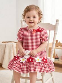 Girls' Blue And White Striped Summer Dress, Playful Puff Sleeve Design, Floral Round Neck, Ruffle Hem, Suitable For Banquets, Parties And Other Formal Occasions. - Red and White - View 4
