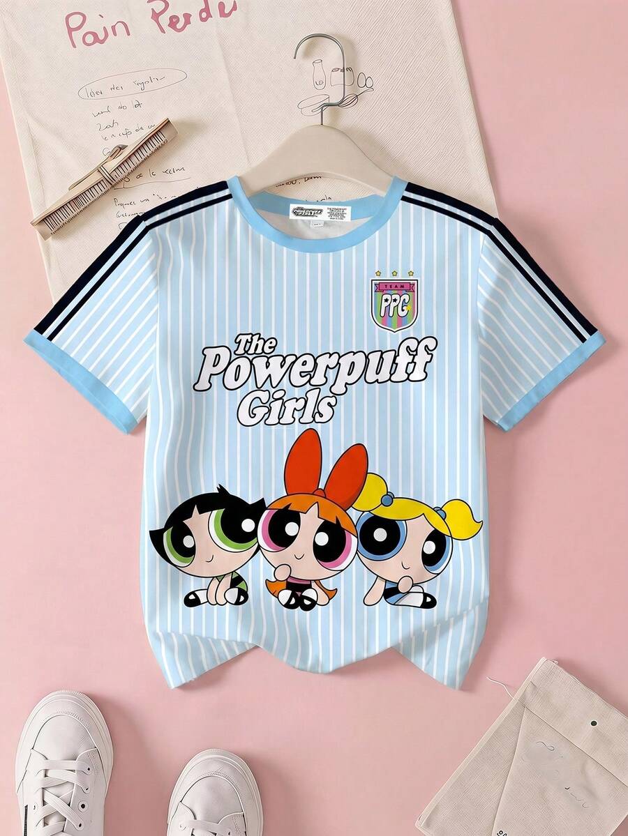 THE POWERPUFF GIRLS X SHEIN 青少年女孩休闲运动休闲撞色条纹卡通字母图案短袖 T 恤,夏季 - 白色 - 查看 1