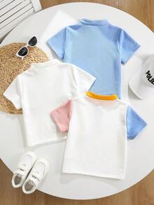 SHEIN Young Boy Knitted Contrast Color Patchwork, Solid Color 3 PiecesShort Sleeve Tops, Casual And Comfortable - Multicolor - View 3
