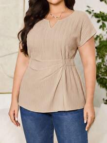 Reflora Plus Size Women's Solid Color Notch V-Neck Batwing Short Sleeve Casual Shirt Workwear Hot Pink Summer - Black - View 2