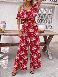 SHEIN Clasi 女款春夏優雅浪漫度假風細肩帶連身褲 - 酒紅色 - 查看 6