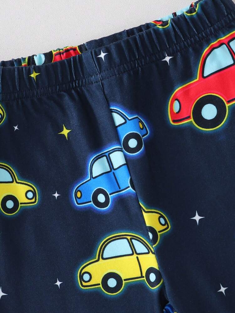 2pcs/Set Boys Navy Blue Car Star Moon All-Over Print Fashionable Cool Long Sleeve Long Pants Tight Pajama Set, Cartoon Cool Suitable As Gift For Boys - Navy Blue - View 4