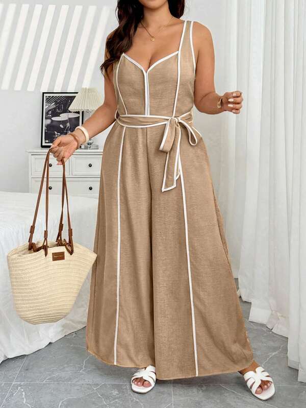 Ceyna Plus Size Color Block Minimalist Casual Curve Elegant Faux Linen Lace-Up Jumpsuit White Summer Bussines Vacation