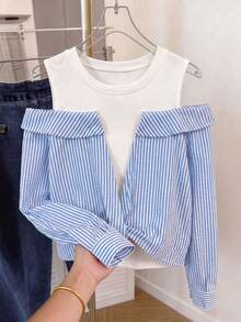 SHEIN Tween Girl Striped Minimalist 2 In 1 Patchwork Casual Long Sleeve Blouse , Fall/Winter - Blue and White - View 10