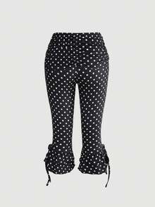 ROMWE Avant Vintage Y2K Style Vacation Retro Polka Dot Patchwork Ruched Fitted Women's 7/8 Length Pants - Black - View 2