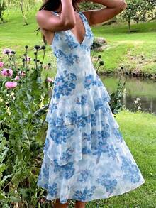 KARISMINA Women's Floral Pattern Ruffle Hem Sleeveless Elegant Flowy Dress Vacation White Summer - Baby Blue - View 8