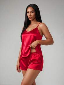 SHEIN Satin Cami Top With Shorts PJ Set / Pajama Set - Red - View 1