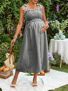 Lyckli Maternity Plaid Pattern Ruffle Pleated Bow Shoulder Strap Tank Dress Oktoberfest Breastfeeding Going Home Postpartum Summer Baby Shower Black - Black and White - View 6