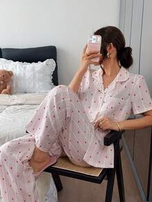 Napfluff Women's Casual Comfortable Home Star Stripe Print Shell Edge Collar Short Sleeve Pajama Long Pants Set - Red and White - View 3
