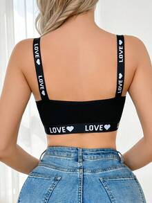 Women Simple Heart & Letter Knitting Bra - Black - View 2