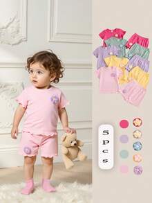 SHEIN Playful Pals 10件/5套 0-3歲女嬰可愛粉色夏季套裝 花朵裝飾短袖上衣與短褲 舒適衣物 適合家庭穿搭戶外活動 - 彩色 - 查看 5