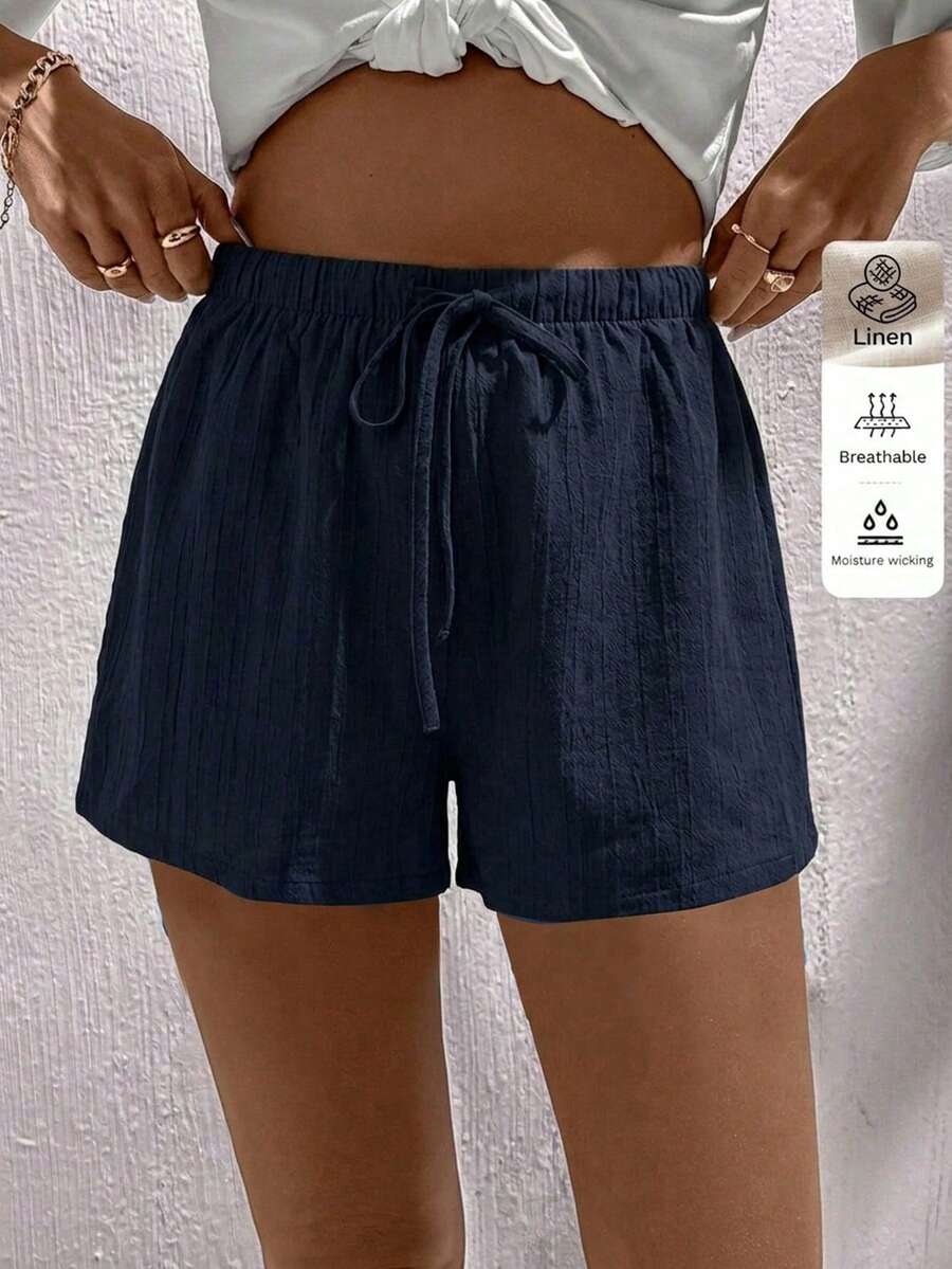 SHEIN LUNE Pantalones cortos de mujer de verano versátiles de color azul marino texturizado - Neblina azul - Ver 1