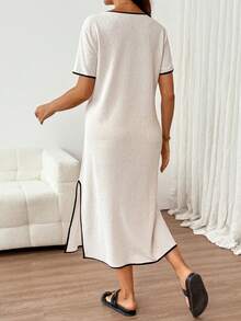 SHEIN Maternity Spring Summer Contrast Trim Split Dress Suitable For Beach Photoshoot Holiday Vacation Birthday Party Baby Shower Garden Street Casual Chic - Khaki - View 2