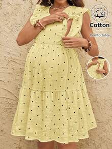 Boho Mama Vestido de maternidad y lactancia con textura de lunares y bajo con volantes - Amarillo - Ver 2