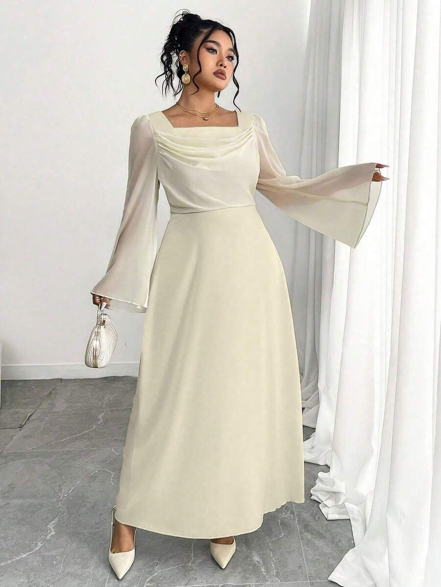 Modelyn Plus Size Patchwork Cinched Waist Long Sleeve A-Line Dress Fall Cloth For Women - Apricot - View 1
