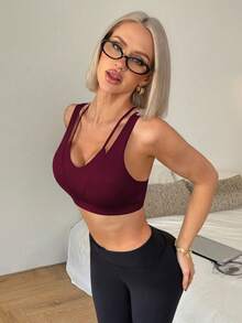 SHEIN Sports 女款素色休閒日常運動內衣 - 酒紅色 - 查看 4