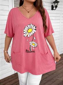 SHEIN CURVE+ Plus Size V-Neck Daisy Print + Pocket Long Loose Casual T-Shirt - Pink - View 5