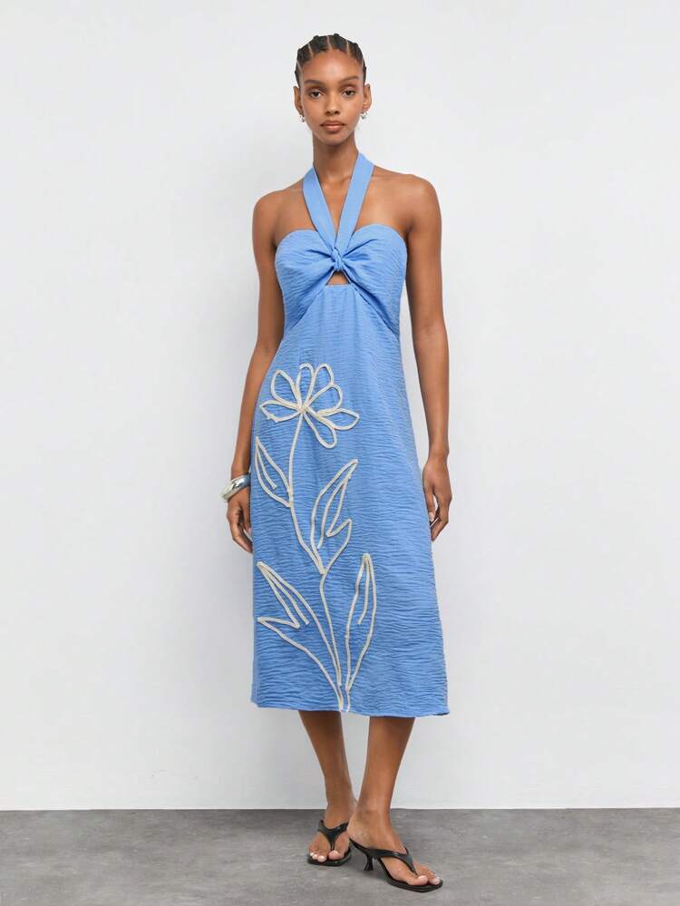 SHEIN Maija Women's Midi Dress Hand-Embroidered Large Floral Vacation Dress