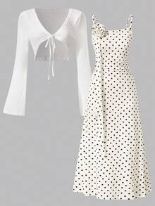 Teen Girls French Gentle Style Polka Dot Cami Maxi Dress + Hollow Knit Cardigan 2pcs Set, Waist-Defining Fit With 3D Rose Decor Autumn Fall - White - View 3