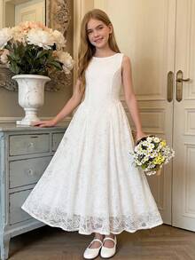 SHEIN Tween Mädchen Lässiges elegantes Mode einfarbiges weißes Spitzenkleid, vielseitig geeignet für den täglichen Gebrauch, Zeremonien, Partys, neues Mädchenkleid, Teeparty-Kleid, weißes Kleid, Sommerkleid - Weiss - Übersicht 12