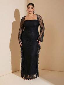 SHEIN BAE CURVE Plus Size Women's Contrast Lace Ruffle Elegant Dress Fall - Black - View 1