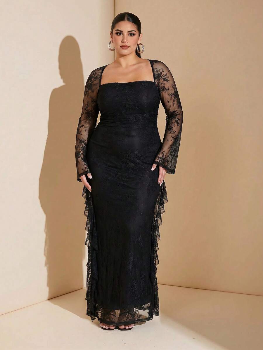 SHEIN BAE CURVE Plus Size Women's Contrast Lace Ruffle Elegant Dress Fall - Black - View 1