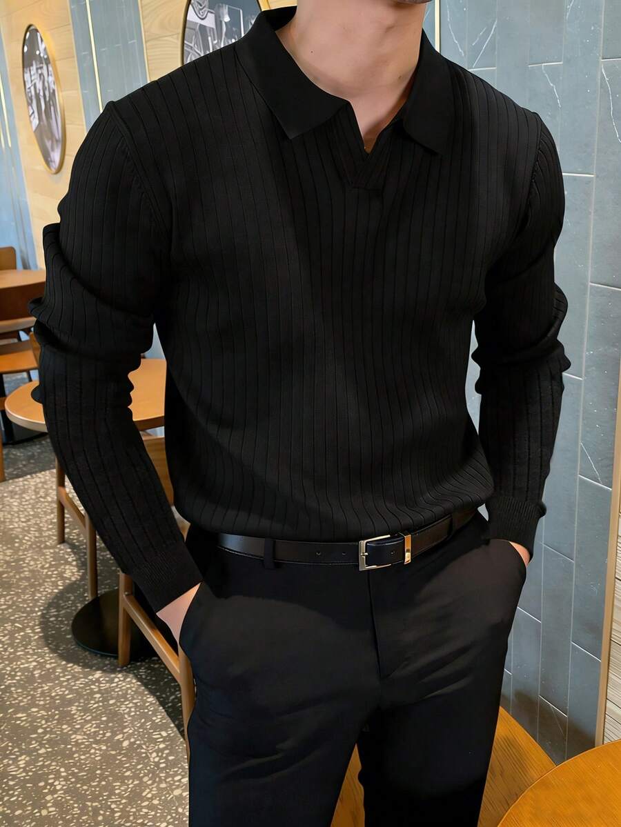 JOLTRO 男士休閒經典純色長袖 Polo 衫,黑色針織 Polo 衫,秋季正式款 - 黑色 - 查看 1