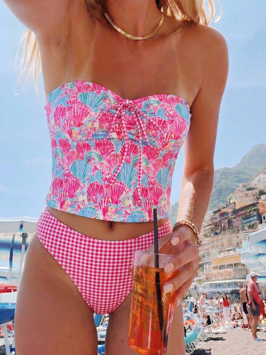Swim Vcay 2件/組 夏季新款花卉印花兩件式比基尼套裝,甜美櫻桃格紋比基尼泳裝褲,休閒度假、婚禮與活動、花卉泳衣、朱槿泳衣、情人節 - 淺藍色 - 查看 1