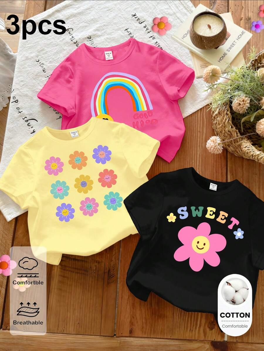 3件組 春夏秋季 嬰幼女童時尚簡約多彩花卉花朵彩虹字母圖案印花休閒基本款短T恤套裝,舒適日常穿著 - 彩色 - 查看 1