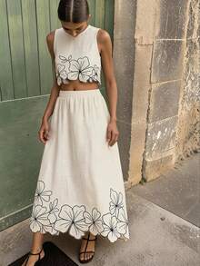 Travachic 2pcs Women Embroidered Cropped Tank Top And Casual Midi Skirt Set - Apricot - View 1