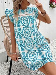 Vivid Eden Women's Round Neck Cap Sleeve Floral Lace Patchwork A-Line Casual Vacation Dress - Green - View 6