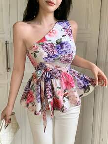 Celisse Floral Print Asymmetric Shoulder Tie-Waist Ruffle Hem Fashionable Versatile Office Lady Blouse - Multicolor - View 1