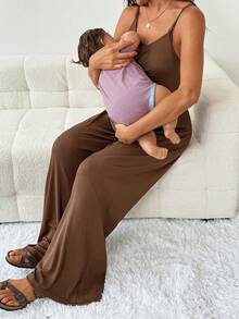 SHEIN Maternity Nursing Function Solid Color Casual Daily Outing Strapless Jumpsuit - Brown - View 10