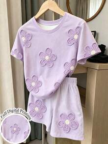 SHEIN Girls' Purple Floral Print All-Over Shorts Set, Casual All-Match Versatile 2-Piece Outfit For Summer, Autumn, Spring, Suitable For Girls And Girl - Multicolor - View 1
