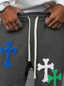 PAVTROS Men's Fashion Versatile Drawstring Waist Cross Embroidery Sweatpants With Pockets - Dark Grey - View 2