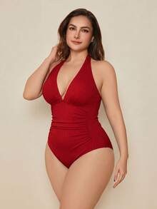 Swim Lushoire 3D紋理面料掛脖大尺碼女式一件式泳衣 - 白色 - 查看 4