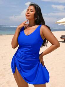 Swim Lushoire Plus Size Women's Solid Color Ruched One-Piece Swimsuit, Suitable For Beach Vacation, Pool Party, Beach Party - Royal Blue - View 4