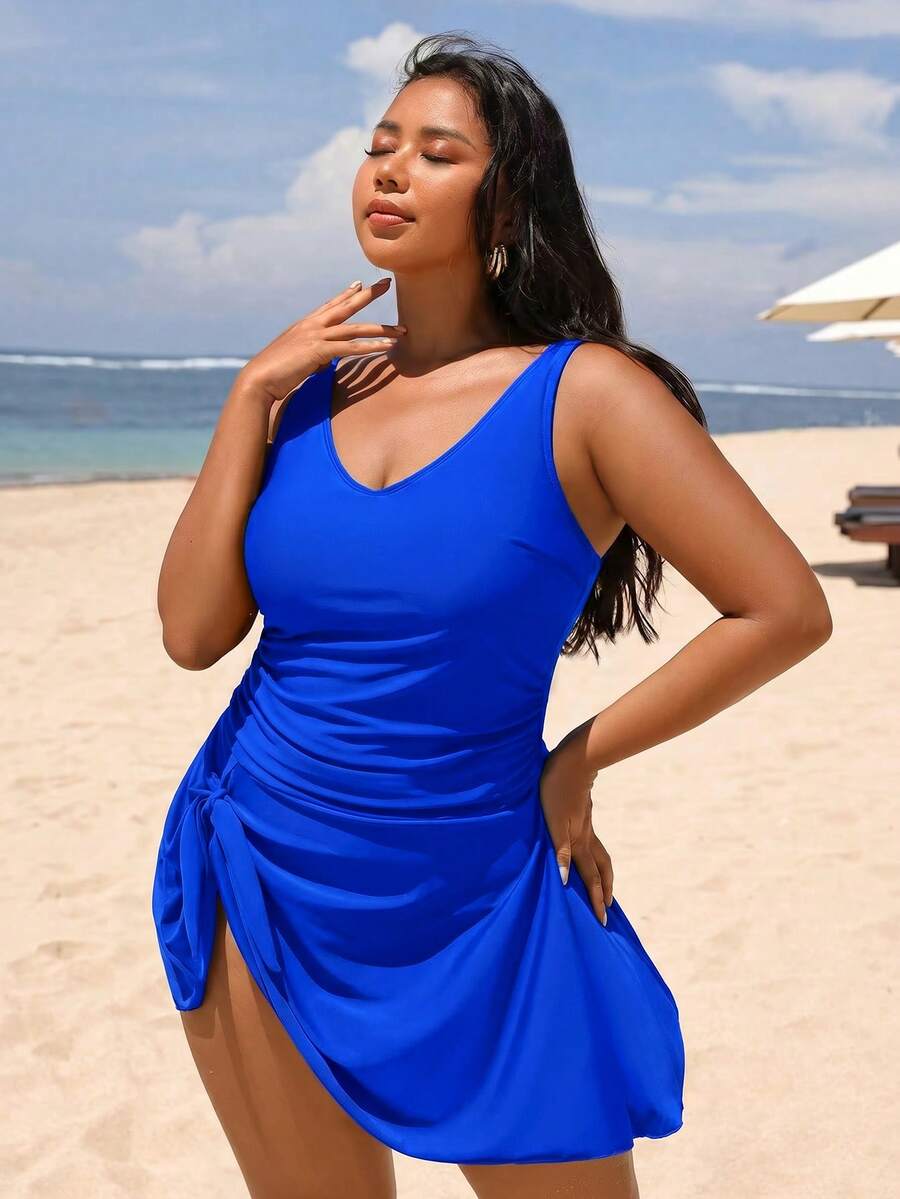 SHEIN Swim Plus Size Women's Solid Color Ruched One-Piece Swimsuit, Suitable For Beach Vacation, Pool Party, Beach Party - Royal Blue - View 1