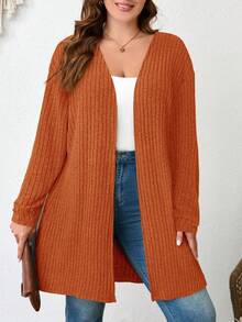 SHEIN LUNE Cárdigan de punto acanalado de color liso talla grande para primavera, otoño e invierno - Óxido marrón - Ver 1