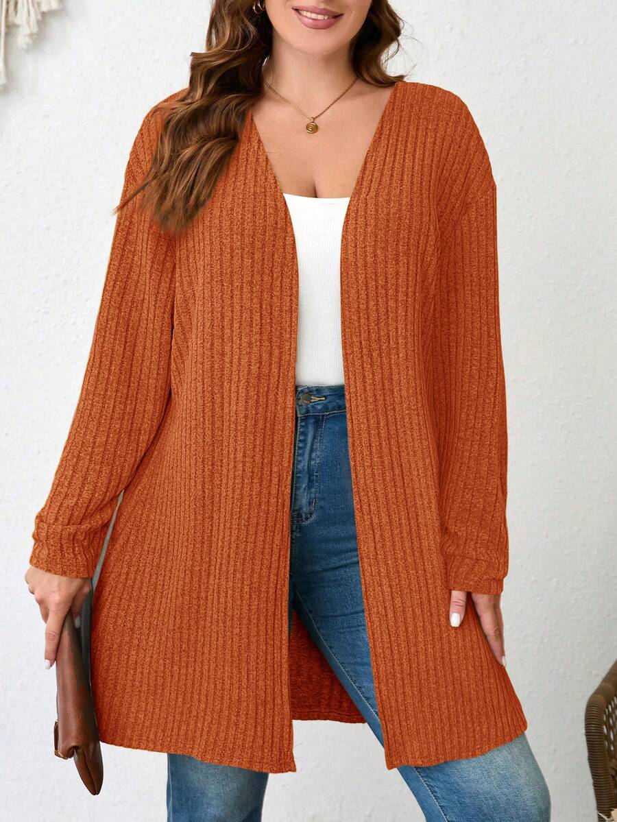 SHEIN LUNE Cárdigan de punto acanalado de color liso talla grande para primavera, otoño e invierno - Óxido marrón - Ver 1