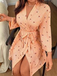 Napfluff Women's Casual Cherry Plaid Print Open Front Robe - Orange - View 4