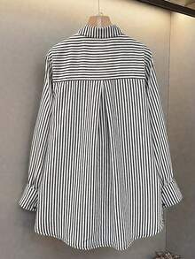 SHEIN CURVE+ Plus Size Women's Patchwork Striped Long Sleeve Casual Loose Fit Shirt - Multicolor - View 2