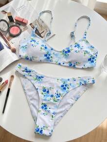 Swim Mod 春夏女款兩件式海灘裝套裝，時尚可愛性感度假海灘泳池派對款，隨機印花多色花卉綠葉細肩帶可調節抹胸上衣與比基尼泳褲套裝 - 彩色 - 查看 3