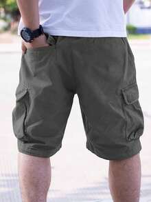 Manfinity Homme Loose Fit Men's Cargo Shorts With Flap Pockets, Side Drawstring Waist - Dark Grey - View 2